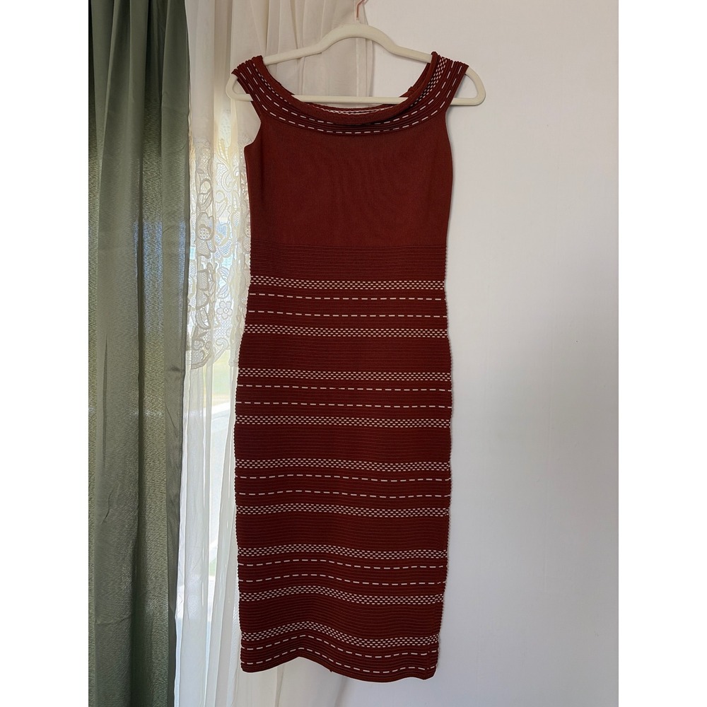 Eva Mendes Sweater Dress Womens S Rust Excellent Sleeveless Knit Sheath Midi